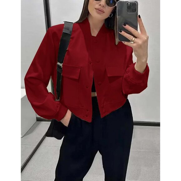 Women Red Cropped Bomber Jacket Button Down Varsity Shacket with Pockets - Picture 3 of 5